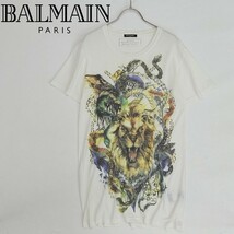 ◆BALMAIN バルマン ライオン アニマルプリント コットン Tシャツ ホワイト XS_画像1