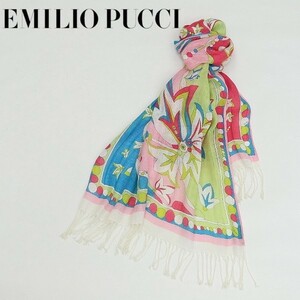 イタリア製◆EMILIO PUCCI エミリオプッチ リネン100％ プッチ柄 フリンジ ストール ショール