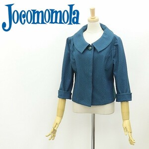 美品◆Jocomomola ホコモモラ シビラ ドット柄 ストレッチ コットン 七分袖 ジャケット ライトネイビー×グリーン 42