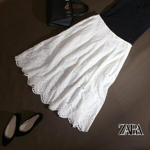 人気 ZARA woman ザラ ウーマン ■ 春 夏 綺麗め 上品 ミモレ 刺繍レース フレアスカート レーススカート S ホワイト ナチュラル コットン