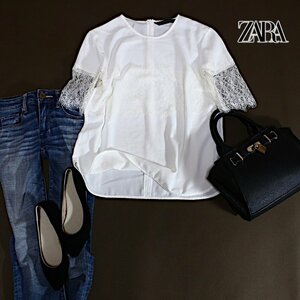 美品 ZARA woman ザラ ウーマン ■ 夏 ゆったり 飾りレース ジャージ― 半袖 カットソー ブラウス S ホワイト 白 シンプル 綺麗め