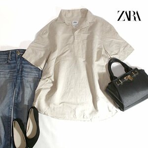 美品 ZARA ザラ 夏 リネン ロング丈 シャツ カットソー ブラウス M ベージュ ゆったり ナチュラル