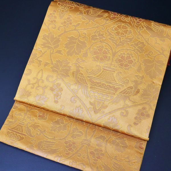 10382【秀品】正絹6通袋帯芯なし仕立ダマスク模様赤みを帯びた