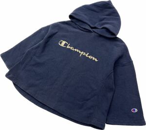 Champion ☆ ゴールド刺繍ロゴ◎ 七分袖 オーバーシルエット リバースウィーブ パーカー レディース ネイビー M 古着 チャンピオン■BC235