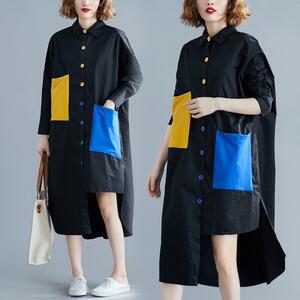 【黒・3XL】シャツワンピース アシンメトリー レディース韓国ファッション