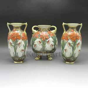  Old Noritake red flower writing vase 3 point set U5059