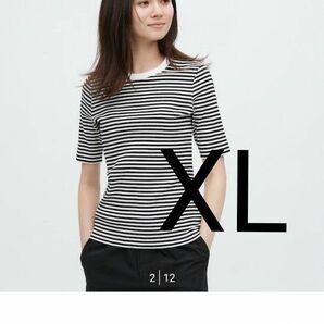 ユニクロ　リブボーダークルーネックT　XL　ホワイト