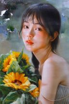 ☆油彩画　優しい笑顔の少女　「向日葵の花束」　　　　　　CR_画像2