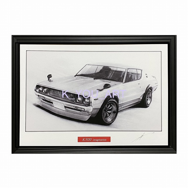 Nissan NISSAN Skyline Kenmeri 2-door GTR [Pencil drawing] Famous car, classic car, illustration, A4 size, framed, signed, Artwork, Painting, Pencil drawing, Charcoal drawing