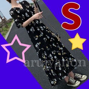 小さいサイズ ワンピース チュニック 黒 S ロングワンピース 花柄