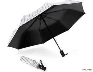 ホワイト格子縞色 折りたたみ傘 ワンタッチ 自動開閉 日傘 レディース 紫外線遮断 収納ポーチ付き 軽量 晴雨兼用 UV 男女兼用