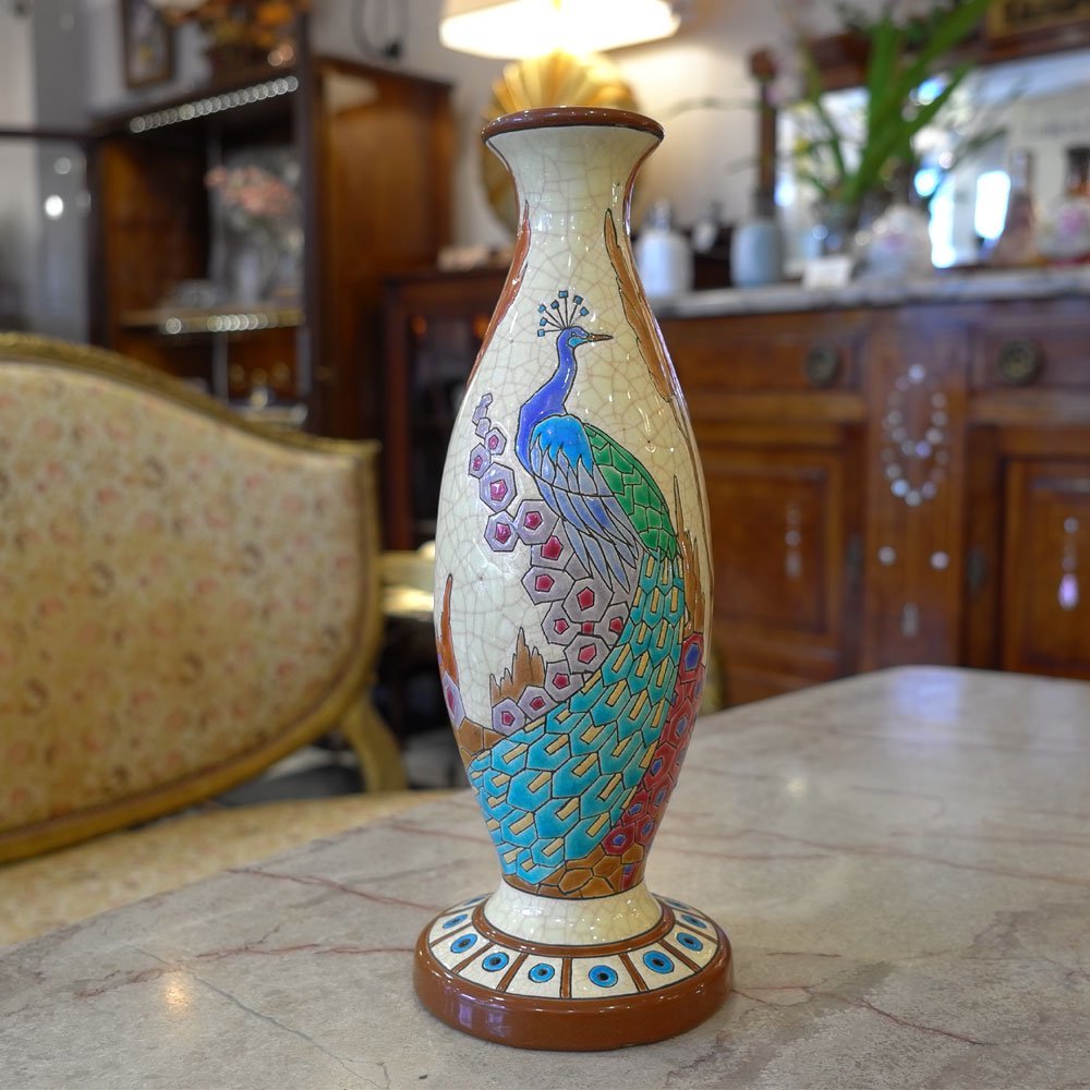 [Jarrón vertical con diseño de pájaro pavo real digno de una imagen] Art Deco Longwy② Florero de estatuilla Cerámica francesa Longwy esmalte cloisonné Chinoiserie chino interior moderno, cuadro, pintura al óleo, dibujo de animales