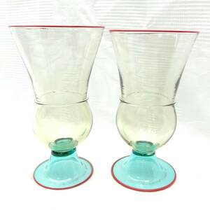 A21 ベネチアンガラス 太平洋一 MURANO Y.Ohira 紅緑 アンバーガラス 吹きガラス 脚付 ペア パフェ グラス