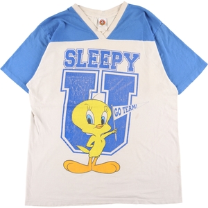 古着 90年代 ルーニーテューンズ TWEETY トゥイーティー Vネック フットボールTシャツ キャラクタープリントTシャツ メンズXL /eaa351642