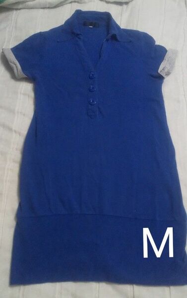 ロングポロシャツ 青 M 半袖