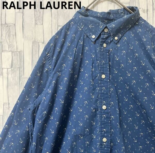 RALPH LAUREN ラルフローレン 長袖 BDシャツ ボタンダウンシャツ 錨 いかり柄 総柄 刺繍ロゴ サイズXL ブルー 希少 送料無料
