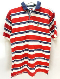 ■トミーヒルフィガー TOMMY HILFIGER 赤×白×紺 ボーダー 半袖 ポロシャツ XL 細身■AE