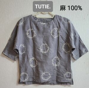 ■ TUTIE.・ツチエ ■ 麻100% リース刺繍 ドルマンブラウス・1回着用