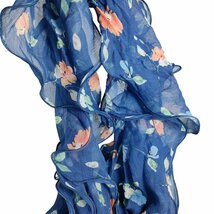 美品 LAUREN RALPH LAUREN ローレンラルフローレン 花柄 フリルショール スカーフ ブルー×マルチカラー J0603_画像3