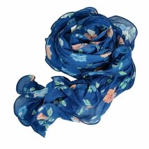美品 LAUREN RALPH LAUREN ローレンラルフローレン 花柄 フリルショール スカーフ ブルー×マルチカラー J0603_画像2