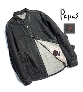 定価4万【L(50)】Papas パパス デニム シャツジャケット L(50) カジキロゴ 花柄【刻印銀ボタン】雰囲気抜群 メンズ 日本製