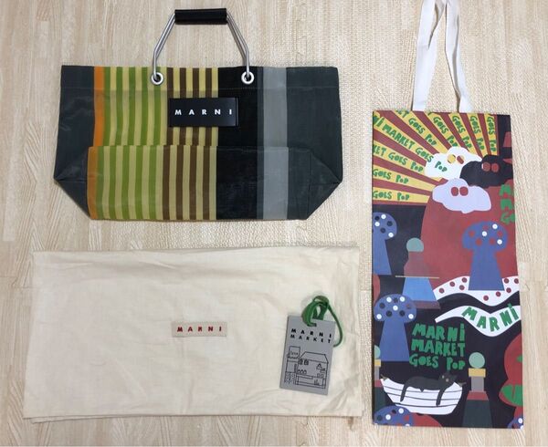 美品 MARNI マルニ トートバッグ ミニ ストライプ フラワーカフェ マルチグレー ソフトベージュ