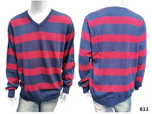 st-C887864253-611-XL トミーヒルフィガー TOMMY HILFIGER ボーダー Vネック セーター ニット レッド×ネイビー/XL