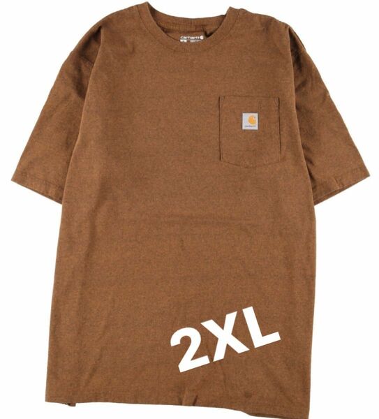 Carhartt カーハート Tシャツカーハート Tシャツ 2XLブラウン 胸ポケット 半袖 胸ロゴ 丸首 茶