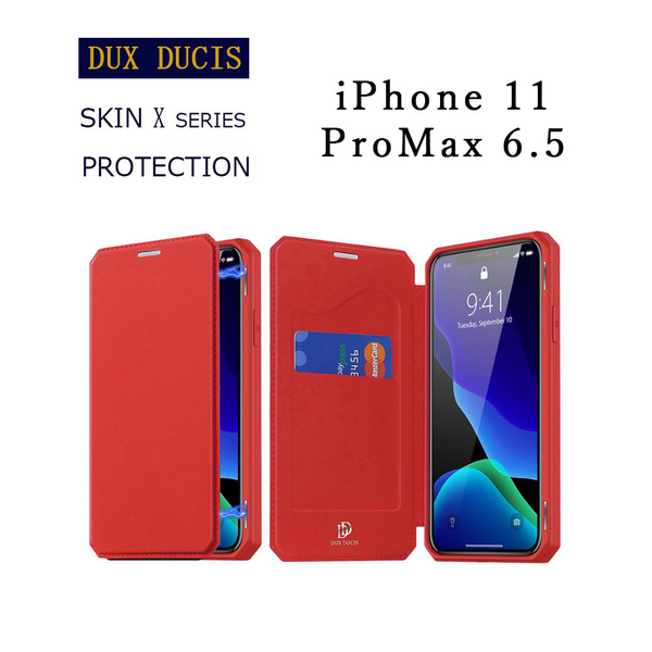 iPhone 11 Pro Max ケース レッド 手帳型 PUレザー カード収納 スタンド機能 耐水 指紋防止 耐衝撃 スキンX プロテクション 高級