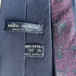 ミラショーン(Mila Schoen) ネイビーワインレッド柄ロゴネクタイ