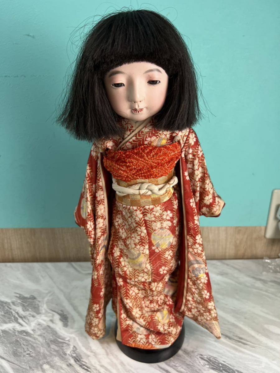 長期保証付 昭和初期 市松人形 無銘 羊毛フェルト狆 縮緬 おもちゃ