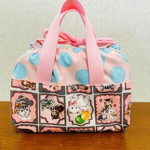 ハンドメイド　保冷保温　お弁当袋　ランチバッグ　巾着袋　ねこ柄　水玉　ピンク