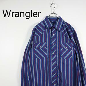 ラングラー ウエスタンシャツ L ブルー レッド ストライプ 長袖 胸ポケット