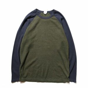 90's オールドネイビー ラグランスリーブ コットン サーマル Tシャツ 長袖 (M) 紺×濃緑 リブ無 ロンT クルーネック 旧タグ ギャップ Y2K