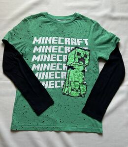 Ｍ＆S　ＭＩＮＥＣＲＡＦＴ　マインクラフト　長袖Ｔシャツ　１０～１１才　レイヤード風　緑×黒　スパンコール刺繍