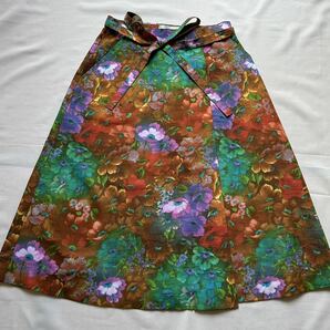 LATEERU　ラテール　巻きスカート　フレアー　W75（調節可）　緑×茶　花柄　ひも通し前リボン結び　裏地あり　ラップスカート