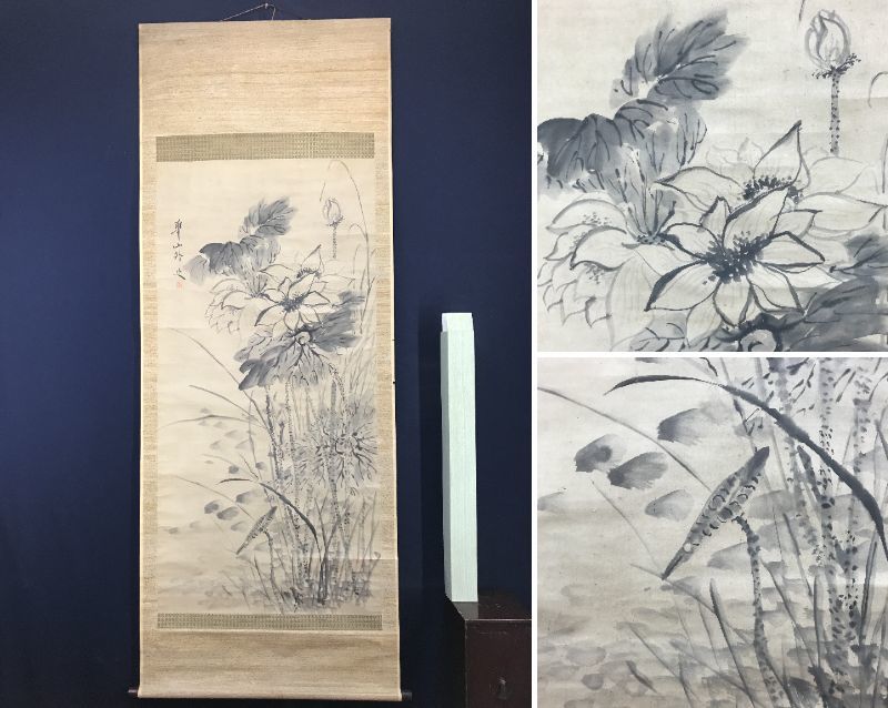 [Copia] Watanabe Kazan/Dibujo de loto/Dibujo de loto/Dibujo de flor/Pergamino colgante☆Takarabune☆AC-641, cuadro, pintura japonesa, flores y pájaros, pájaros y bestias