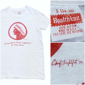 USA製 70's Healthknit ヘルスニット ヴィンテージ Tシャツ インディアン ヘッド プリント 酋長 ホワイト 白 ボディー コットン100 ナバホ