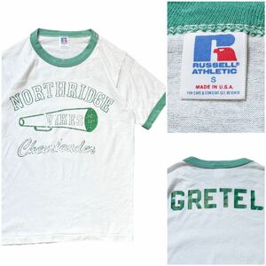 USA製 80’s〜RUSSELL ラッセル ヴィンテージ リンガー Tシャツ Sサイズ 白 ホワイト グリーン カレッジ バックプリント 90年代 アメリカ