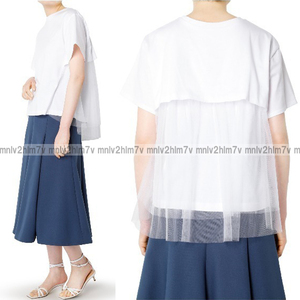 【ルシェルブルー】Layered Tulle Tee　レイヤードチュールTシャツ　異素材コンビ　シアー　シースルー　プルオーバー　ホワイト白