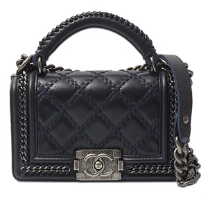 シャネル バッグ レディース ハンドル付き チェーンショルダーバッグ 2WAY ボーイシャネル レザー ネイビー CHANEL 中古