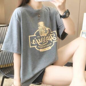 Tシャツ レディース 半袖 古着 ヴィンテージ グレー ビックシルエット 韓国 緑 体型カバー ストリート 夏 二の腕カバー