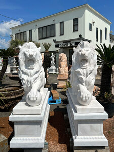 天然大理石彫刻 ライオン ペア 石像 高さ約1m77cm 動物像 大理石 彫刻 オブジェ 置物 ライオン像