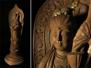 魁◆旧家収集家放出品 仏教美術 天然木彫造 金彩 聖観音菩薩立像 高さ68㎝ 味わい深い時代の逸品