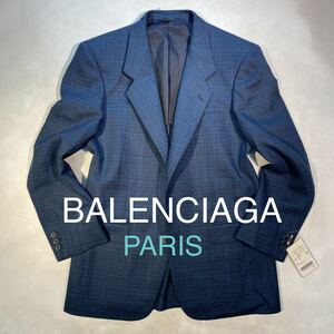 新品本物タグ付きBALENCIAGA Parisビンテージ2つボタンテーラードジャケットサイズA6ダックブルー系カラーウインドペーン極上生地日本製絹