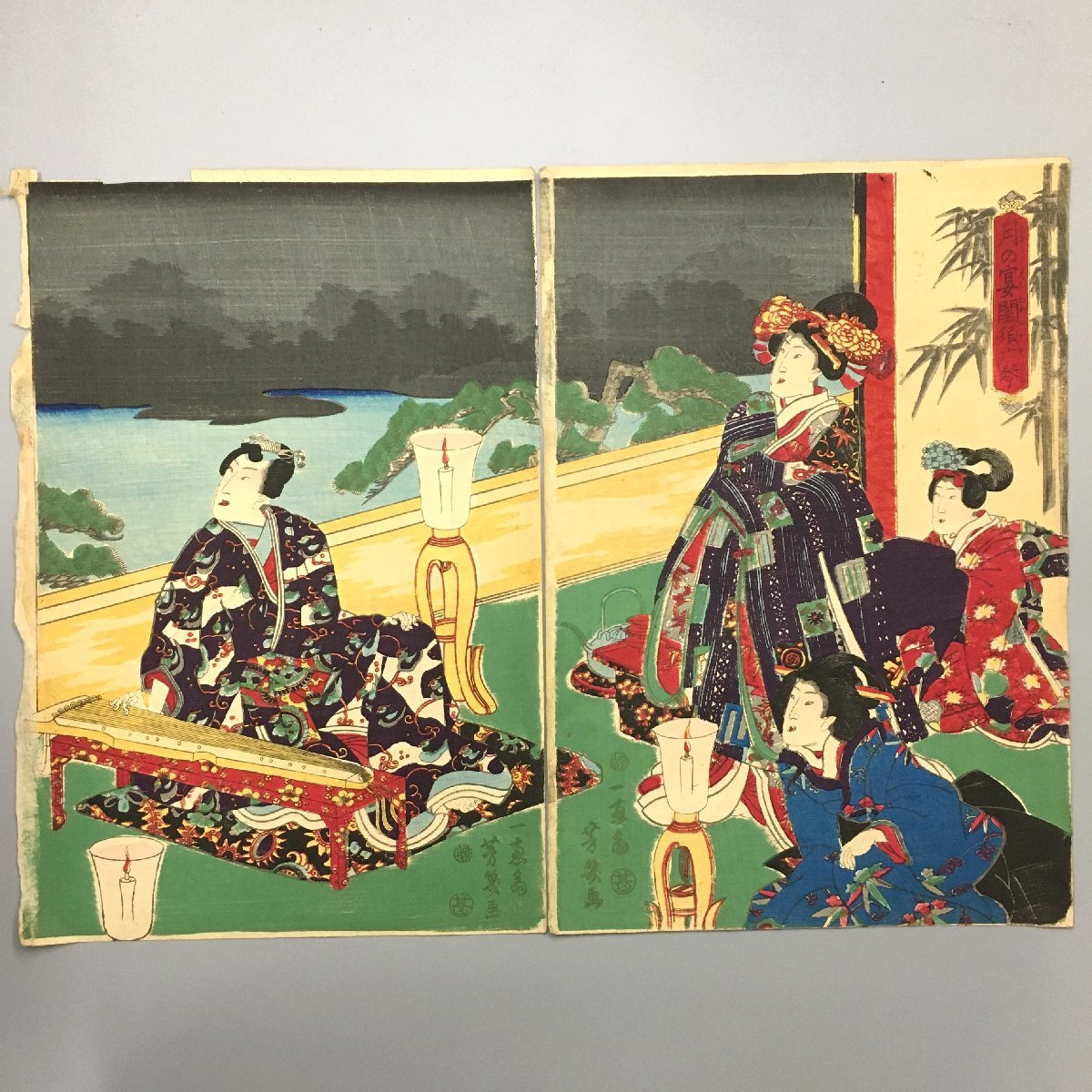 Les deux panneaux de droite d'un triptyque ukiyo-e grand format, Banquet lunaire : Le Neisu Hirokin de Yoshiki Ochiai, Période Edo, impression sur bois, nishiki-e, Peinture, Ukiyo-e, Impressions, autres