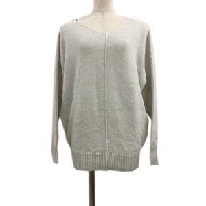  Natural Beauty Basic sweater knitted pull over V neck plain long sleeve M gray white white lady's 