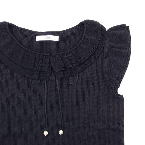 美品 ルネ Rene サマーニット カットソー フリル パール リボン 衿付き