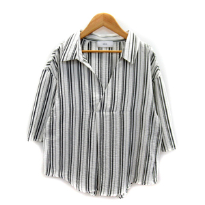  azur bai Moussy blouse shirt 7 minute sleeve Skipper color stripe pattern oversize M white white black black lady's 