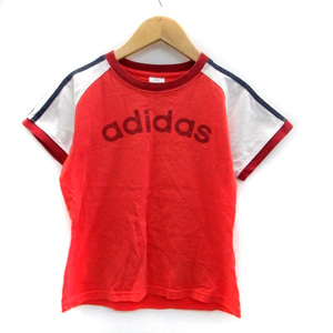 アディダス adidas Tシャツ カットソー クルーネック 半袖 ライン プリント M オレンジ オフホワイト /HO33 レディース